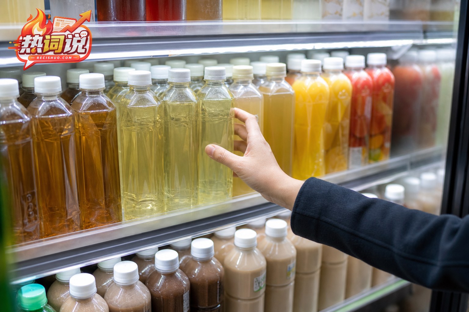消费者从便利店冷柜中挑选无品牌瓶装茶饮