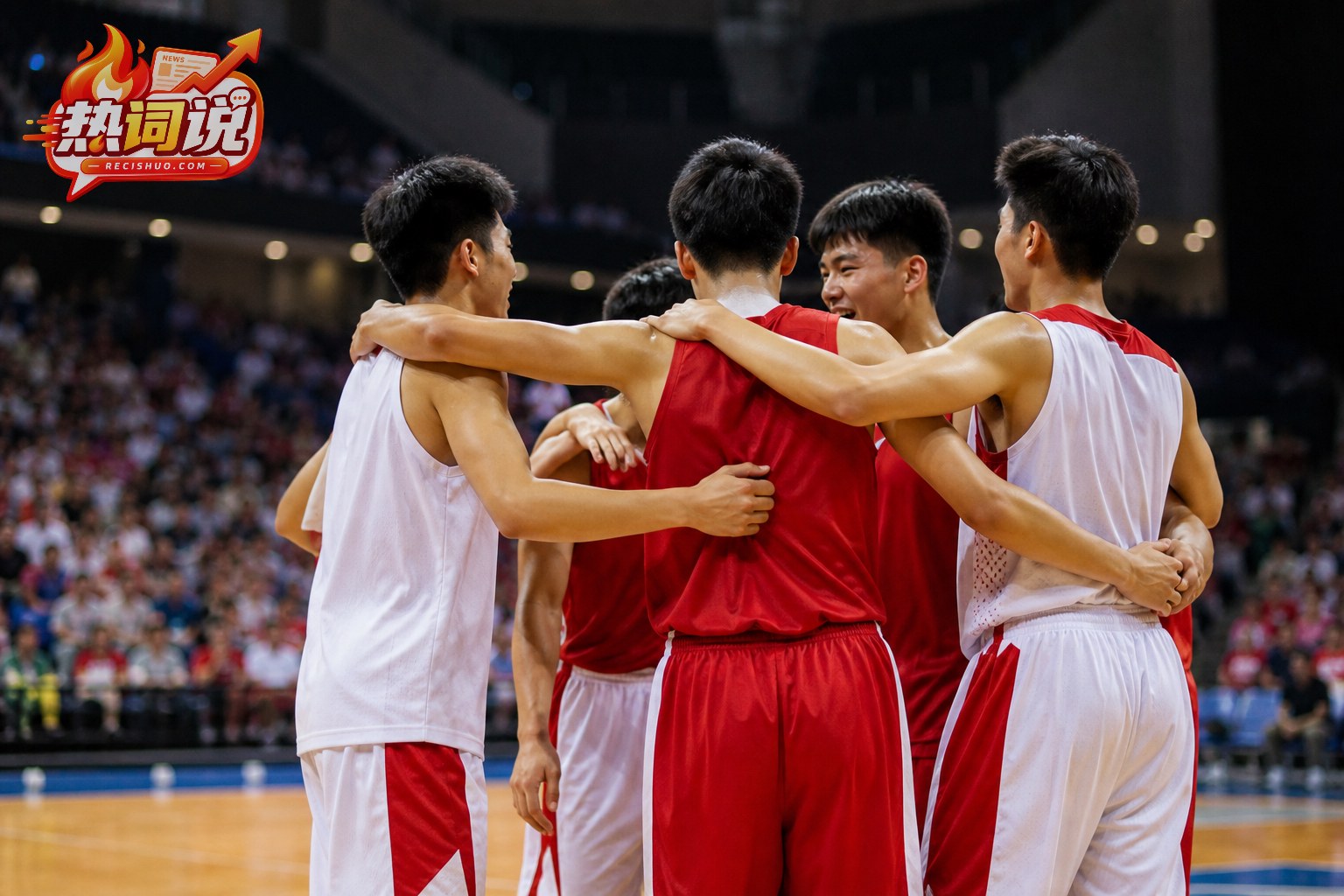 中国青年男篮球员在室内球馆相互拥抱鼓劲的赛场画面