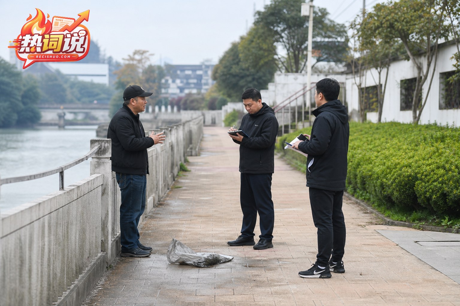钓鱼爱好者在河岸向工作人员说明发现可疑袋装物品的经过