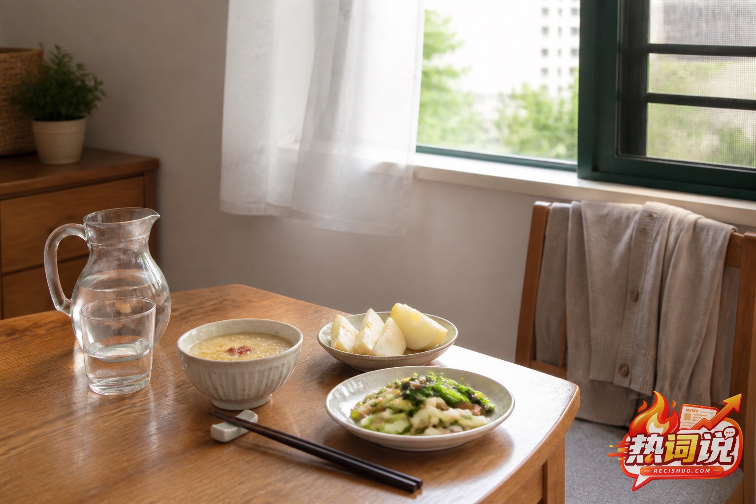 处暑时节通风居室内准备的饮水、清淡饭菜和薄外套