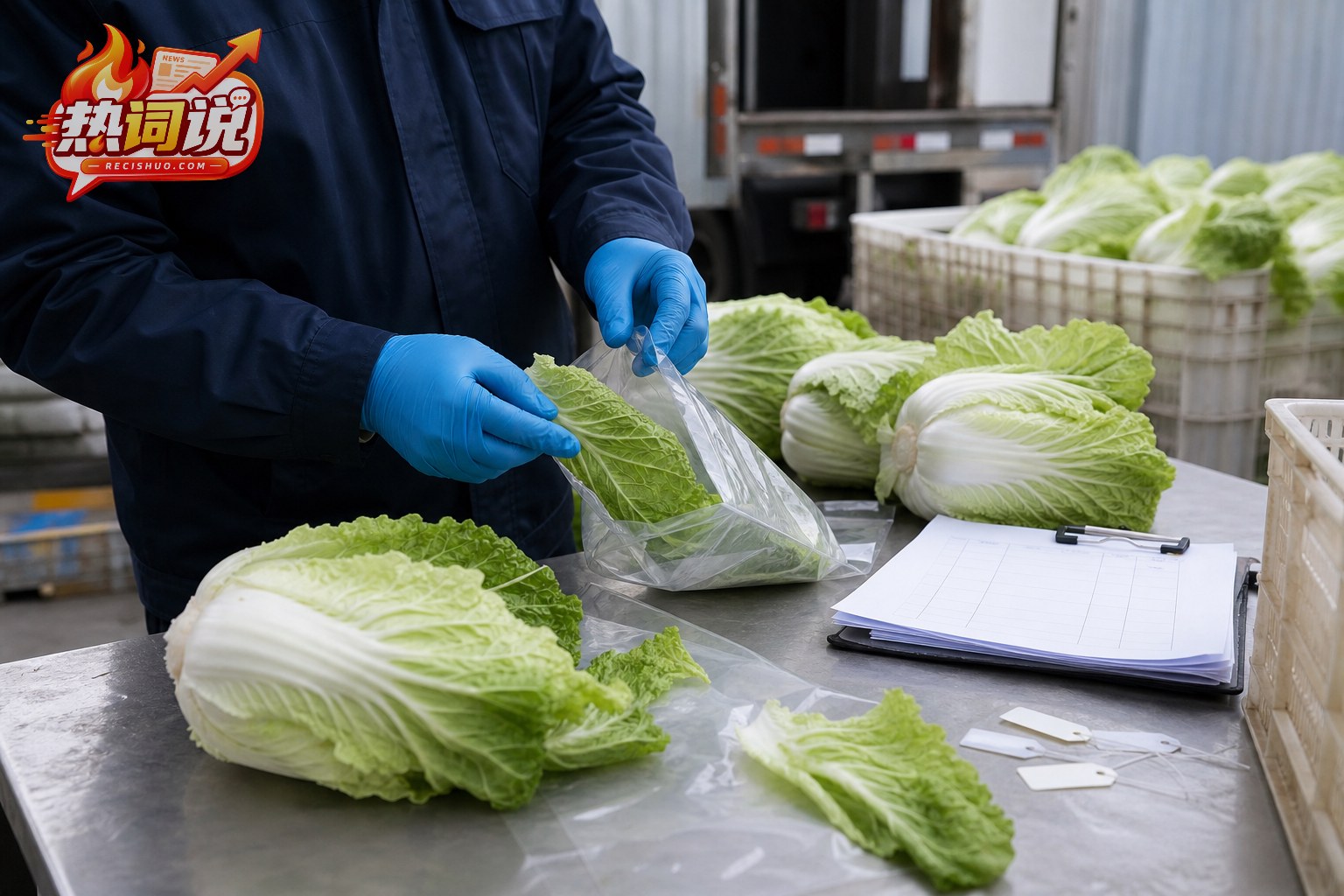 工作人员在仓储区域对不同批次白菜取样并登记留存