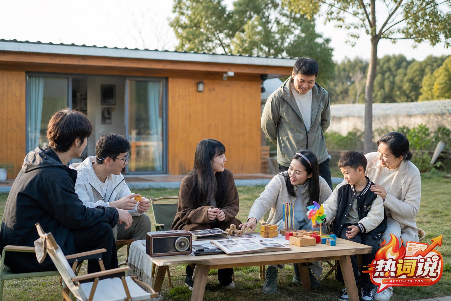 青年与亲子在社区草坪上围绕旧物轻松交流