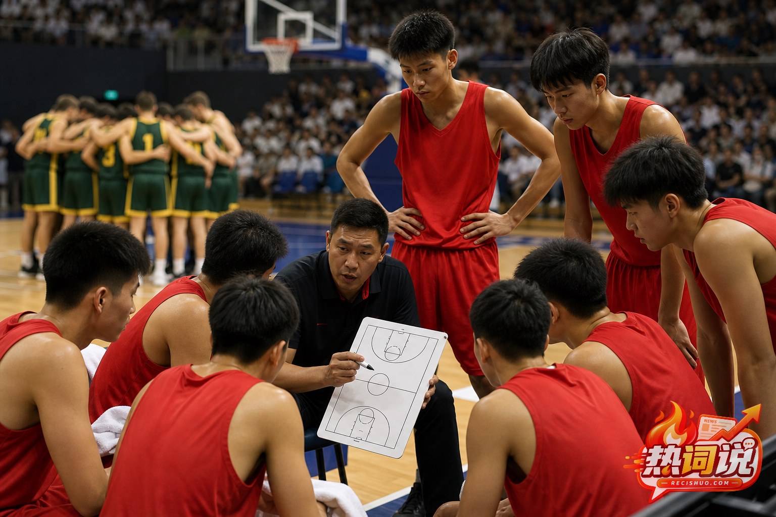 中国U18男篮暂停期间围绕教练听取战术安排