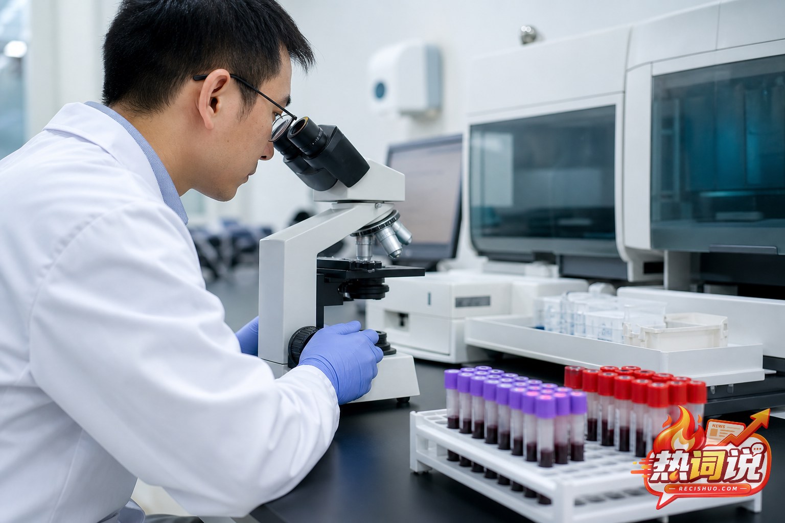 检验人员在血液实验室使用显微镜观察血液样本