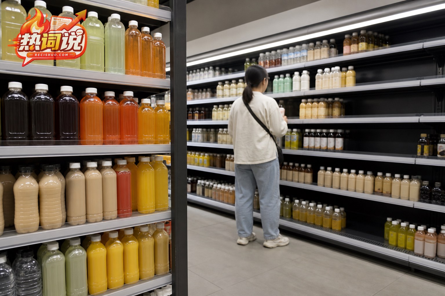 消费者在摆满无品牌茶饮、果汁和奶茶的商超货架前挑选饮料