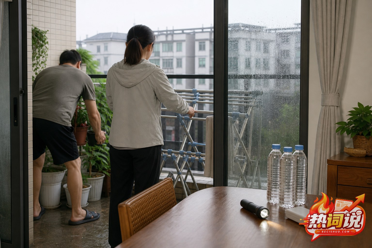 居民在风雨来临时收起阳台花盆和晾衣架并准备照明与饮用水