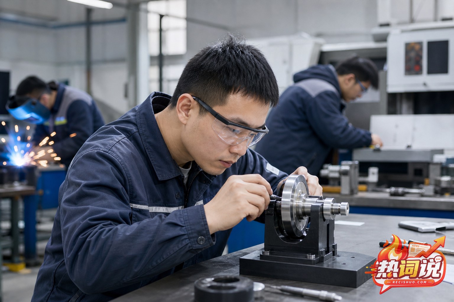 青年技能选手在现代实训车间校准精密机械部件