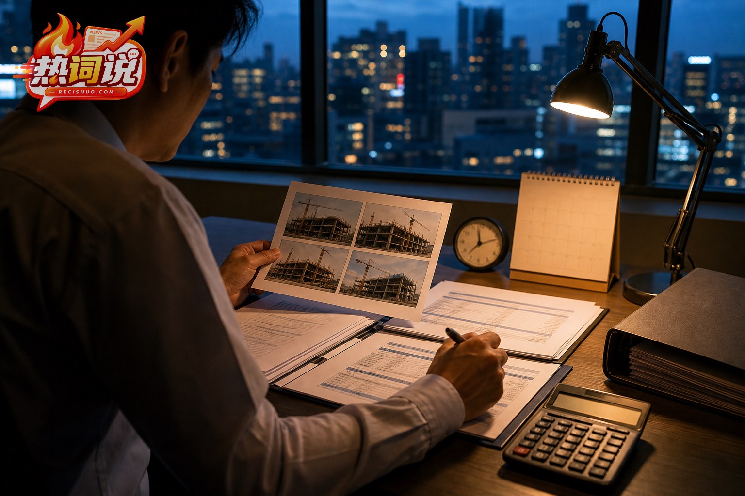 财务审核人员夜间核对工程进度资料和合同付款文件