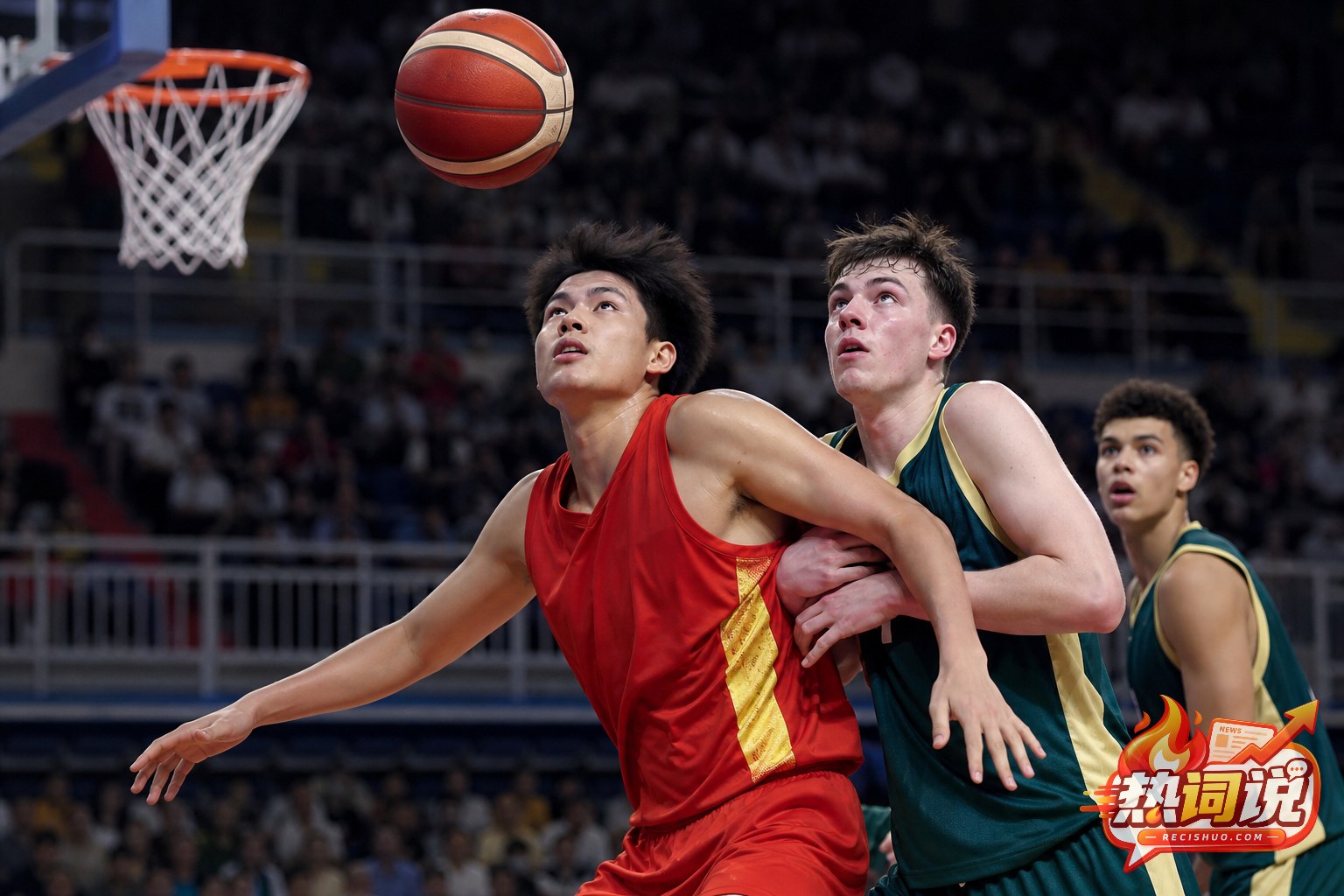 中国U18男篮队员与澳大利亚U18男篮队员在篮下争抢篮板的编辑配图
