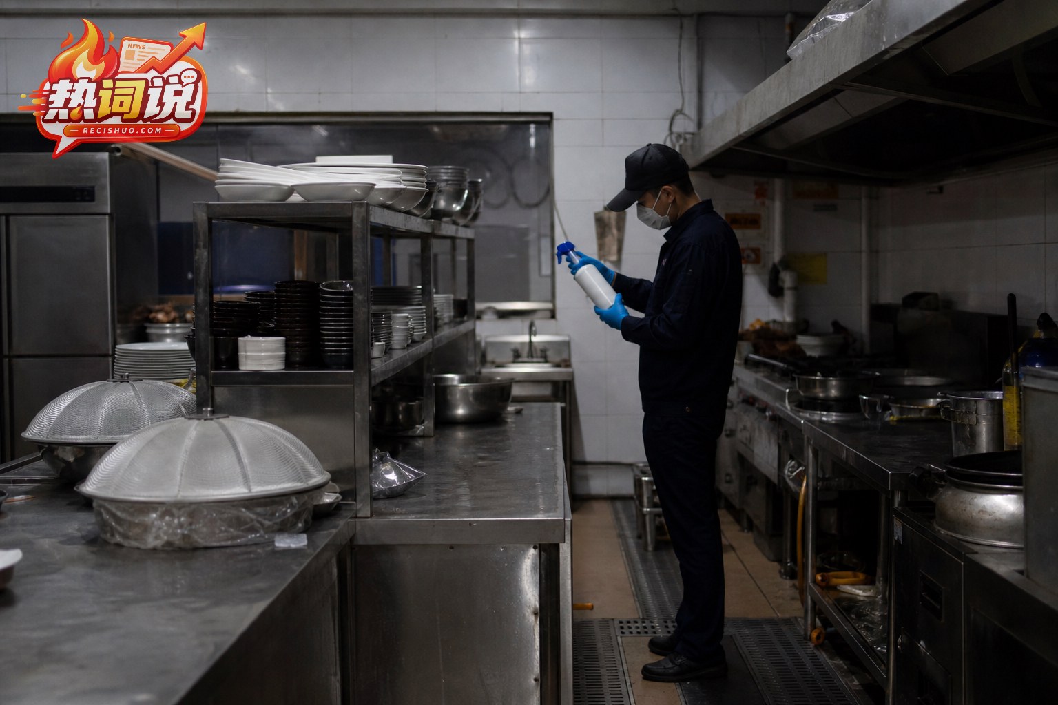餐厅闭店后工作人员在后厨检查无标签喷雾容器