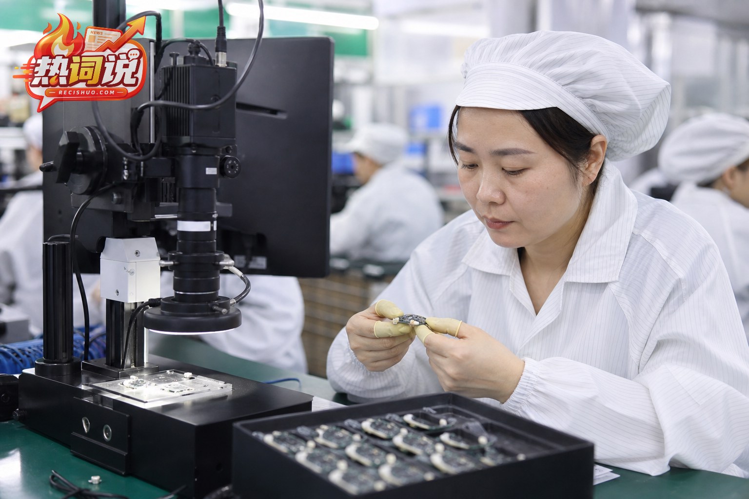 电子制造车间内工程师利用机器视觉设备检查精密元件