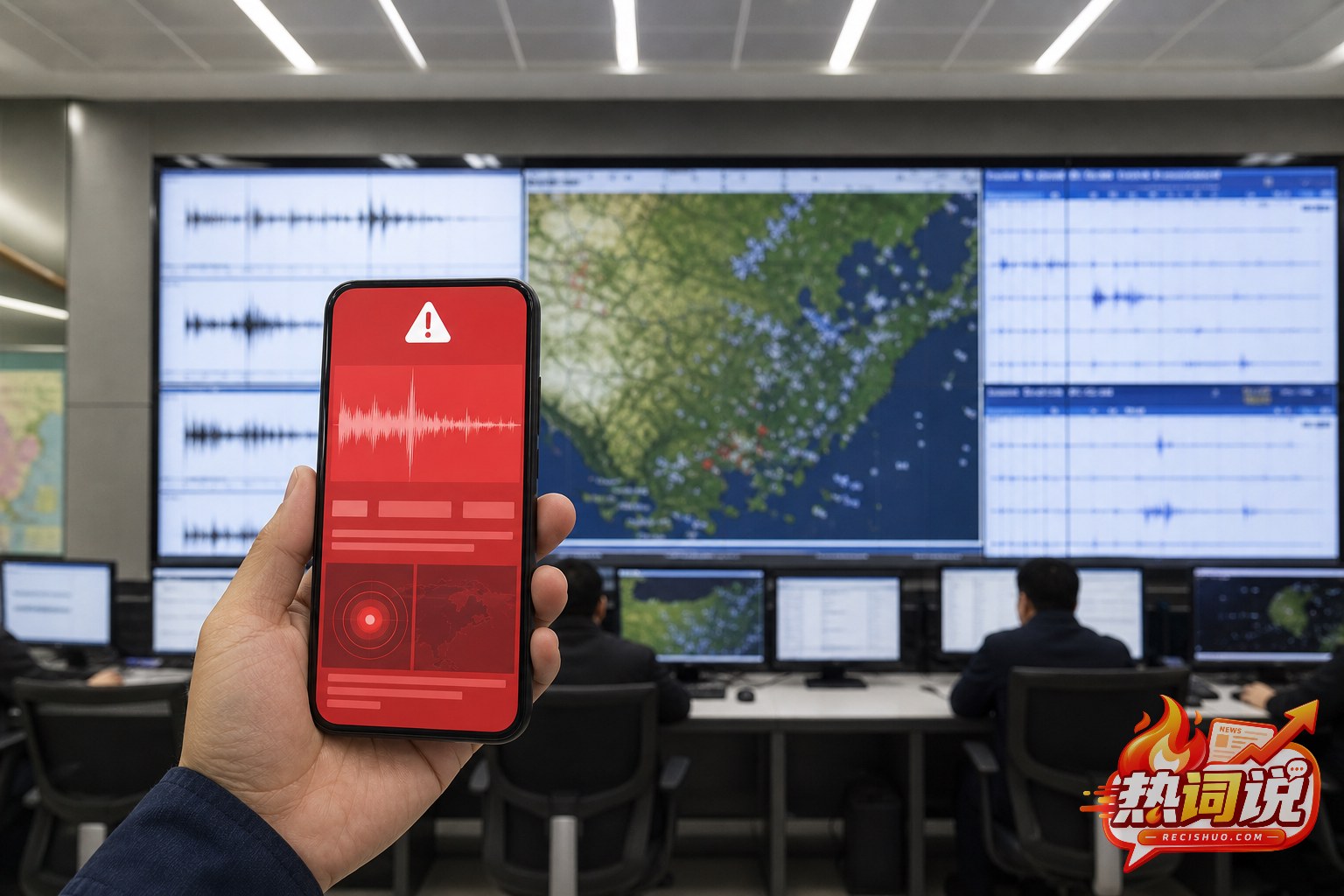 地震监测中心内工作人员核验手机紧急预警信息
