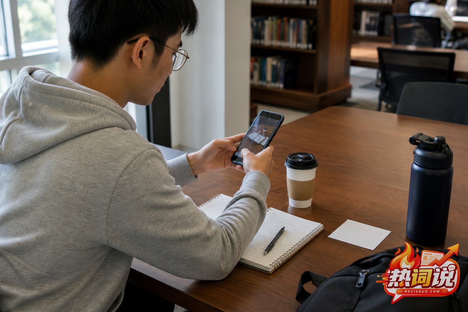 大学生在图书馆学习间隙用手机记录日常准备分享给朋友