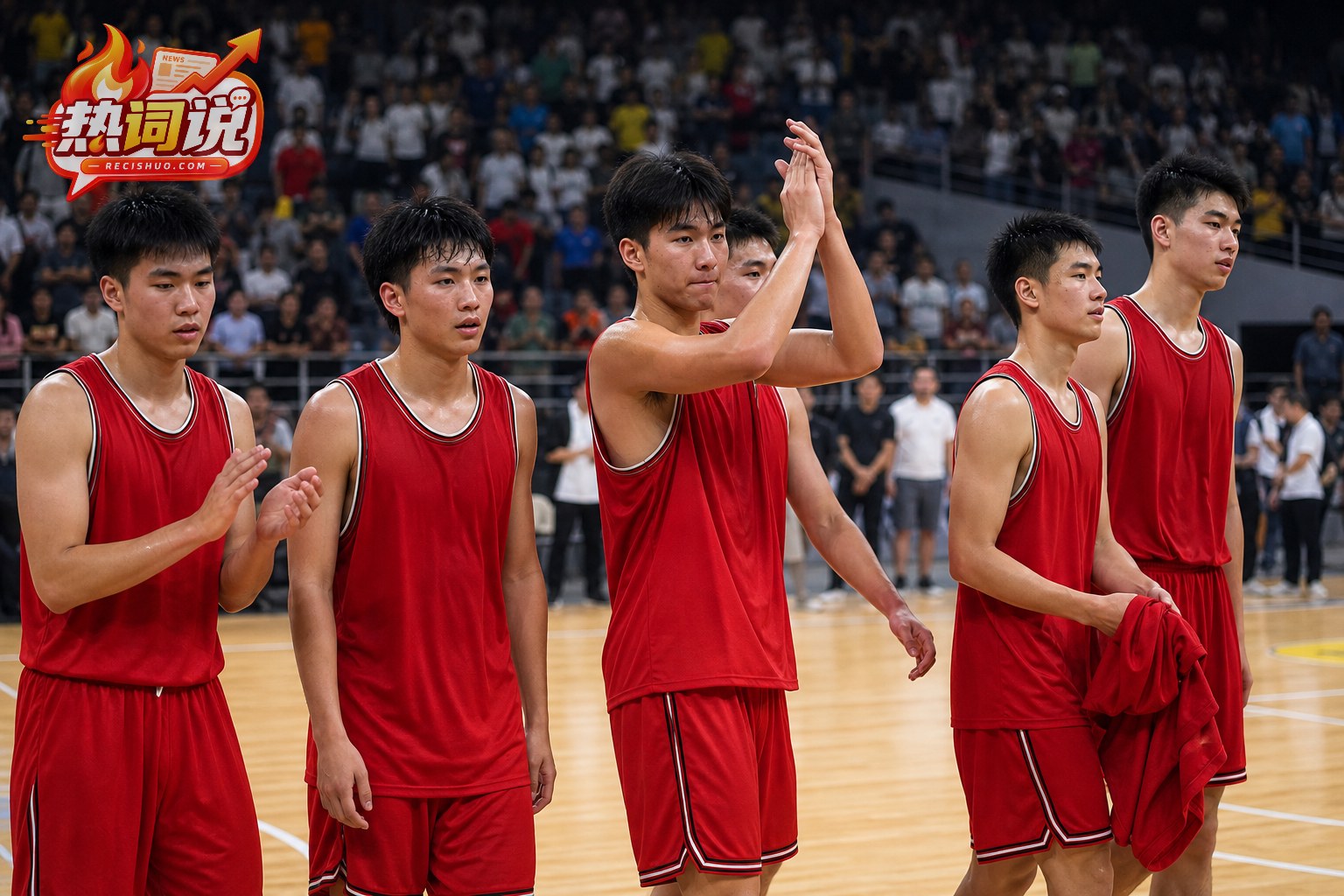 中国U18男篮年轻队员赛后站在场内向观众致意的编辑配图