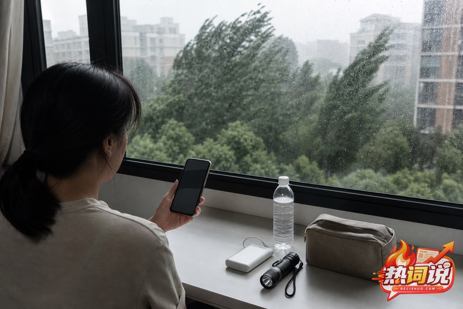 居民在暴雨来临时查看天气信息并准备手电筒、充电宝和饮用水