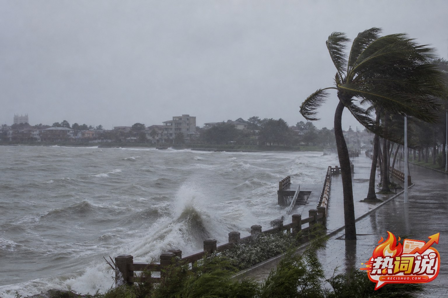 热带风暴登陆期间泉州沿海风急浪高、岸边树木被风吹弯的景象