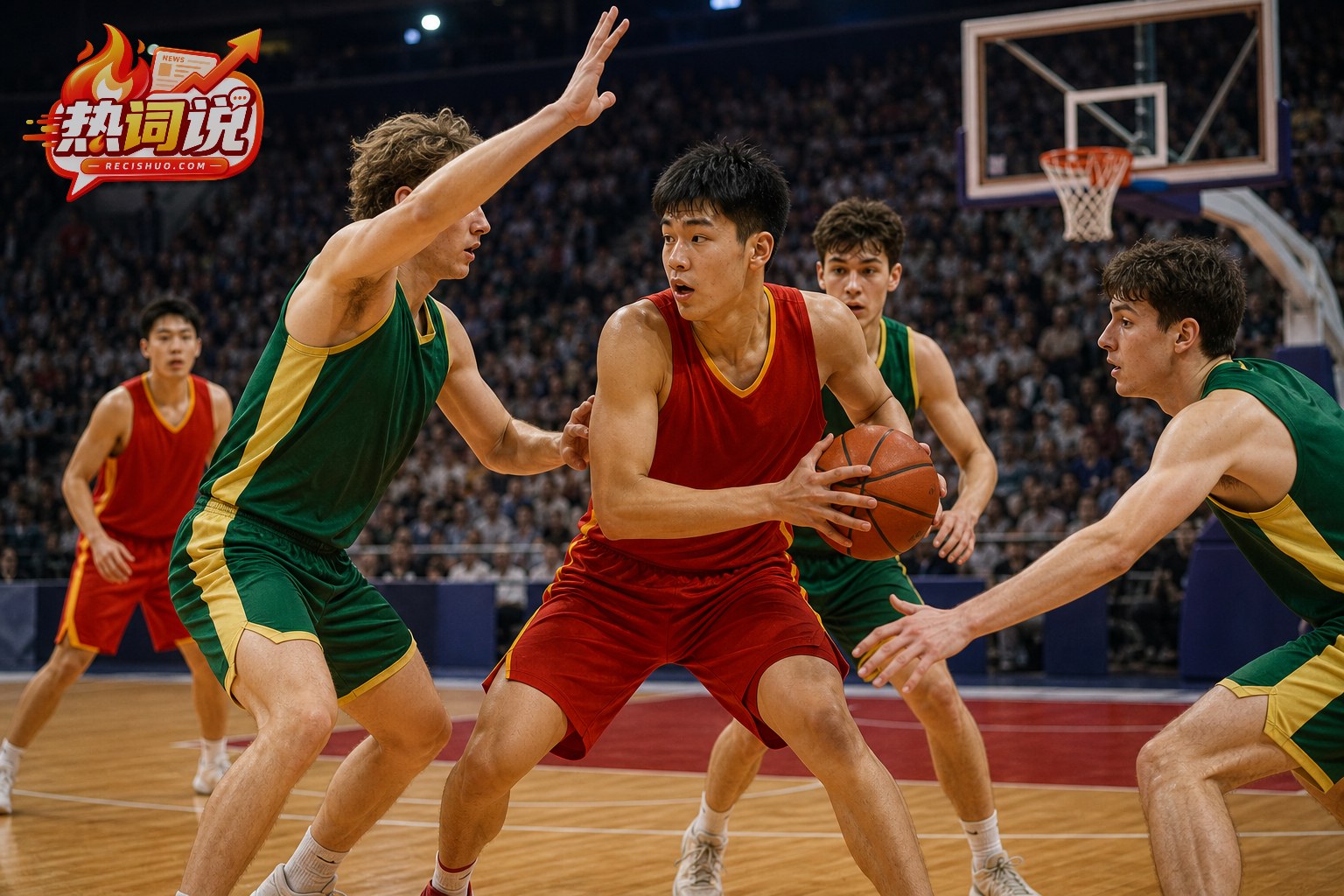 中国U18男篮与澳大利亚U18男篮在室内球馆展开决赛对抗的编辑配图
