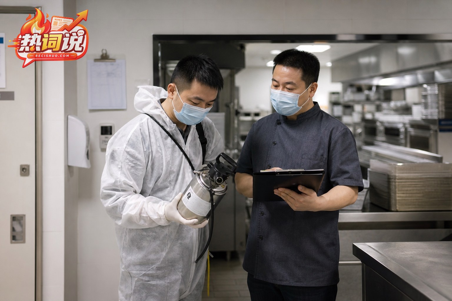 餐厅闭店后专业消杀人员与负责人核对设备和作业记录