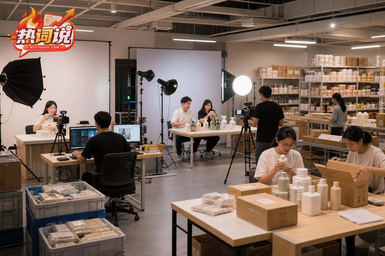 多个直播团队与产品品控人员协同工作的电商运营现场