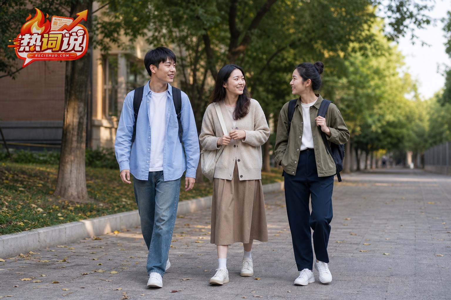 三名大学生穿着衬衫、针织开衫和轻薄夹克走在早秋校园林荫道上