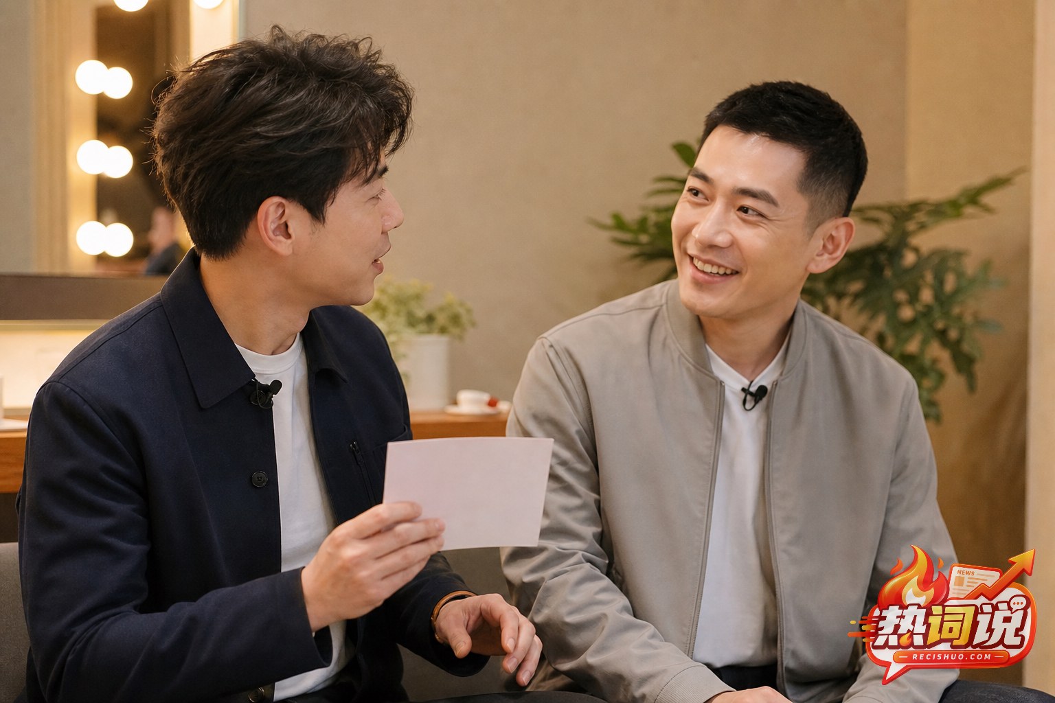 两位外貌不同的虚构男主持人在节目后台轻松交流