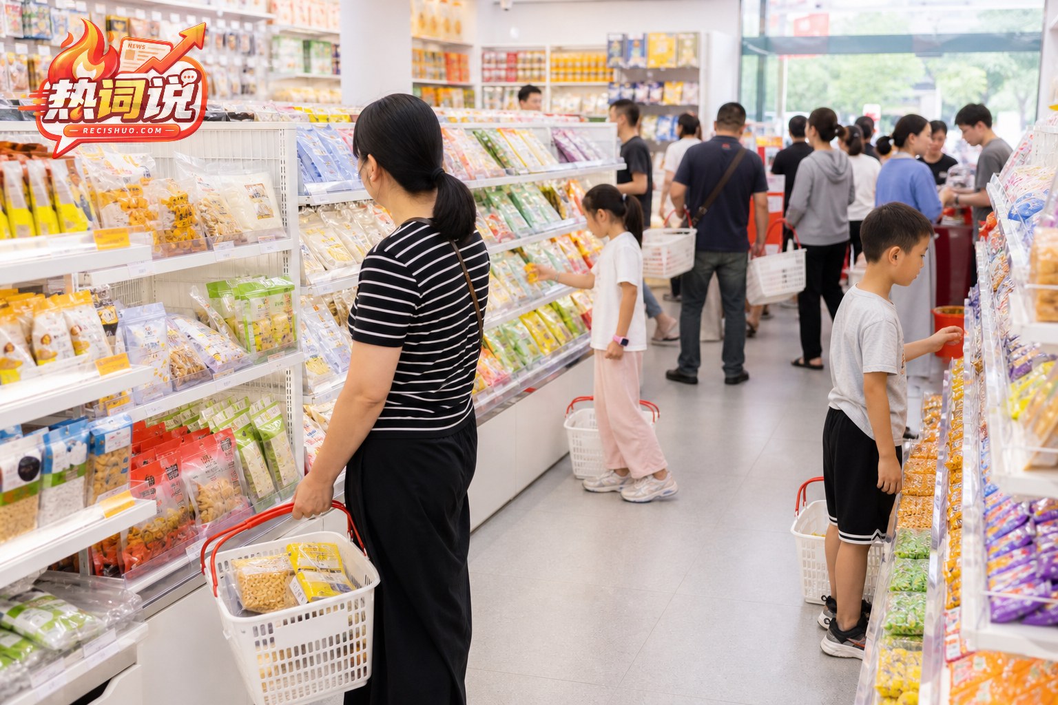 社区量贩零食店内多位顾客选购独立包装零食