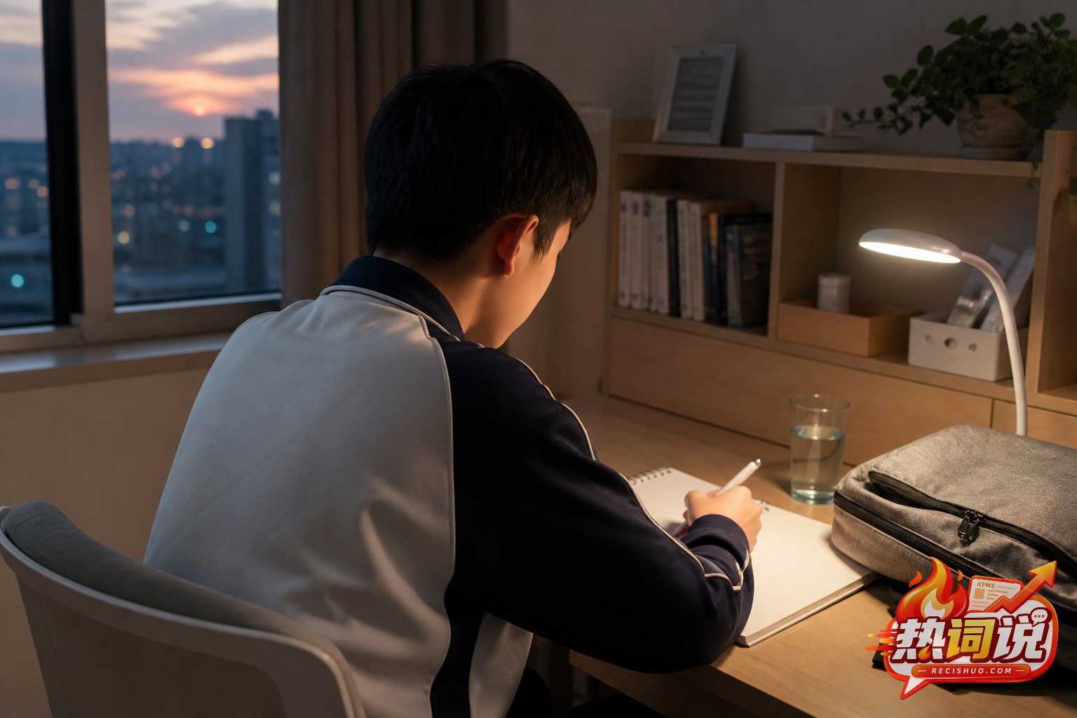 傍晚放学后,中学生坐在书桌前记录开学第一天的感受