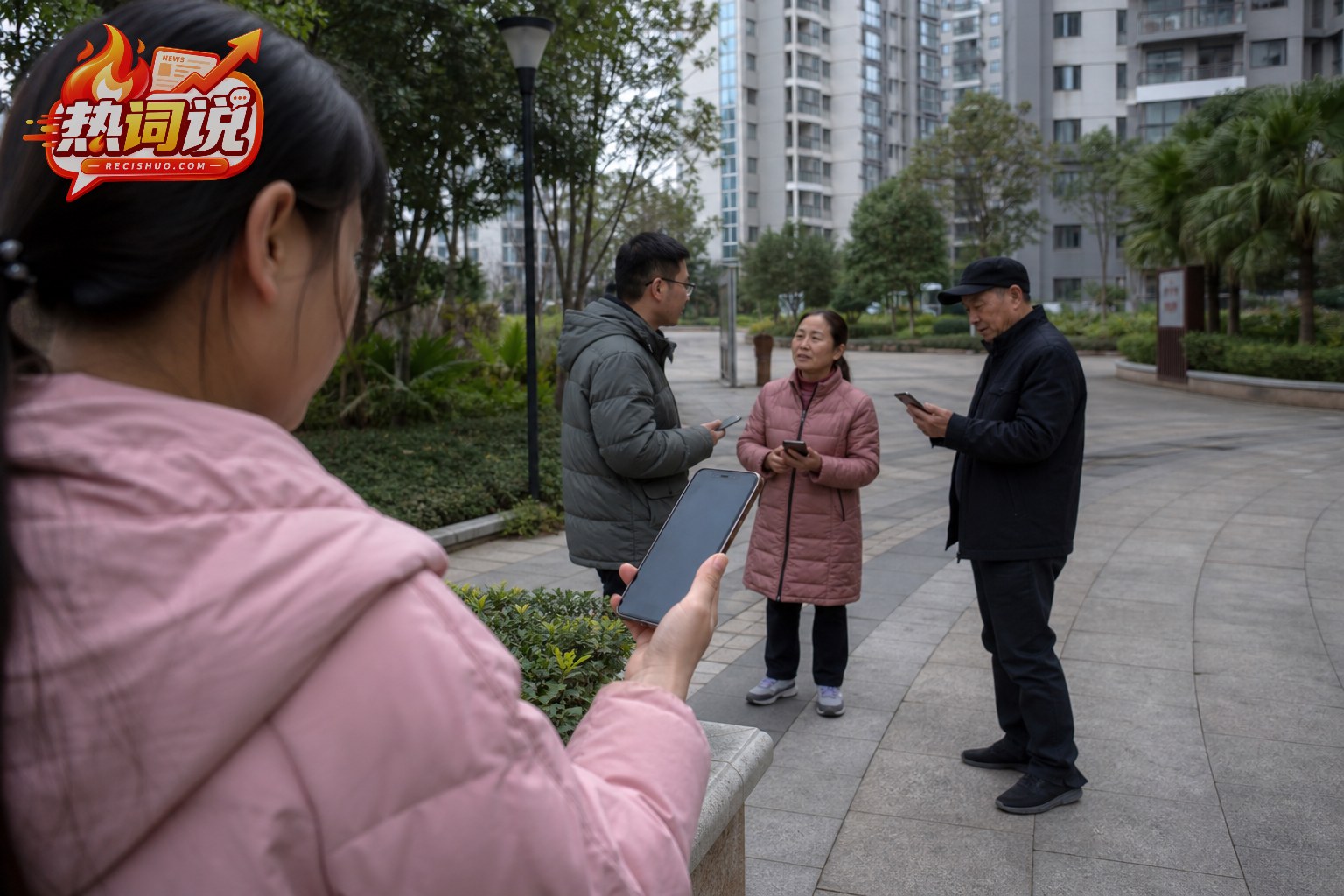 居民在住宅小区内查看手机地震预警并冷静交流