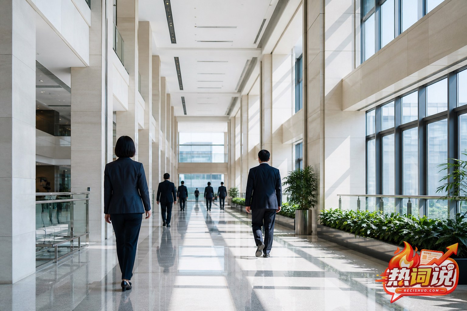 阳光通透的公共服务建筑走廊内工作人员有序通行