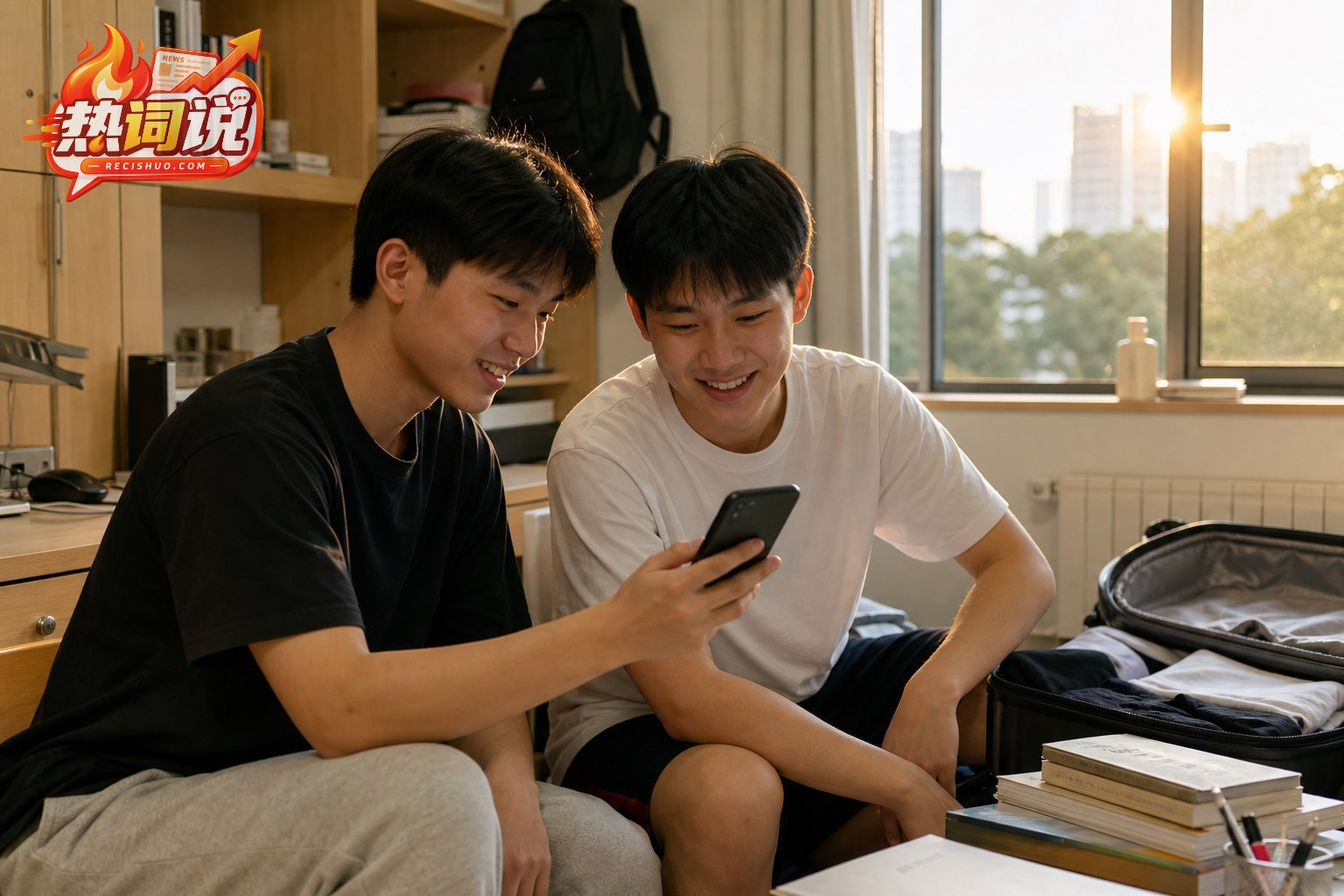 两名大学生返校整理宿舍时一起查看手机并轻松交流