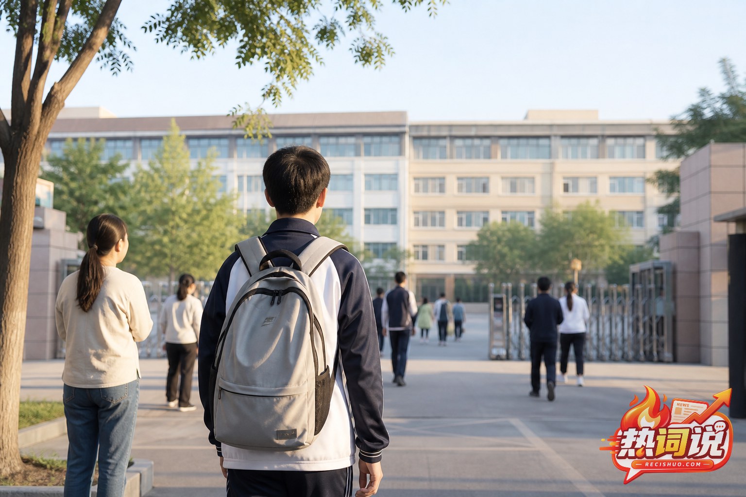 初秋清晨,一名背着书包的中学生走向校园教学楼