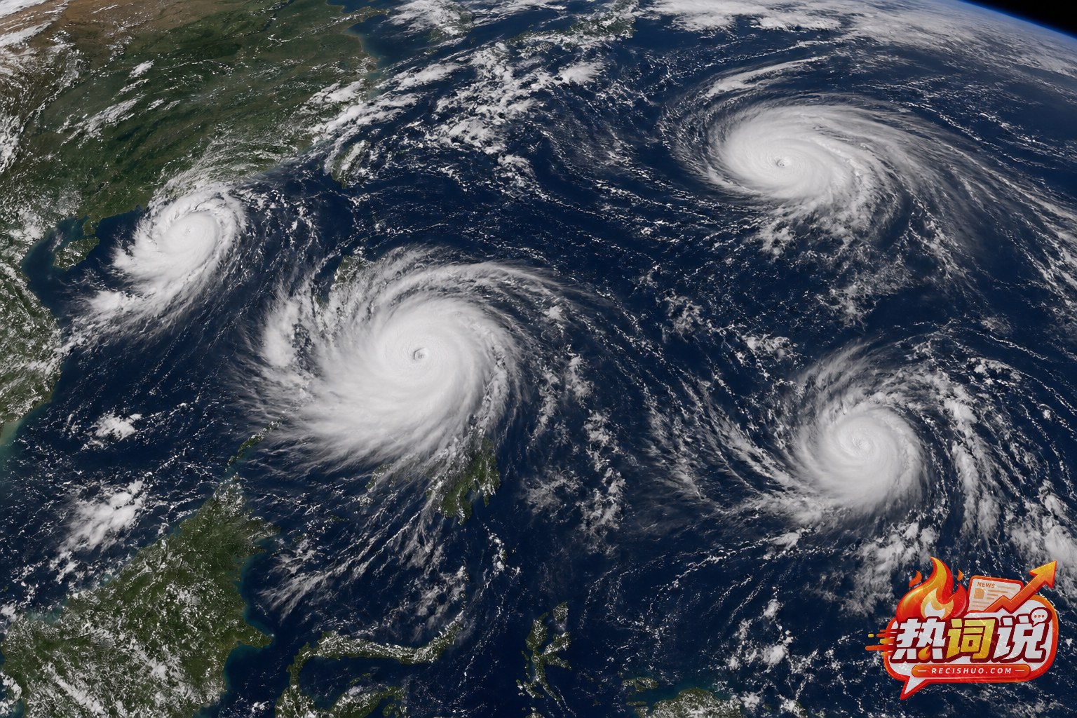 西北太平洋和南海上空四个热带气旋同时活动的卫星视角画面