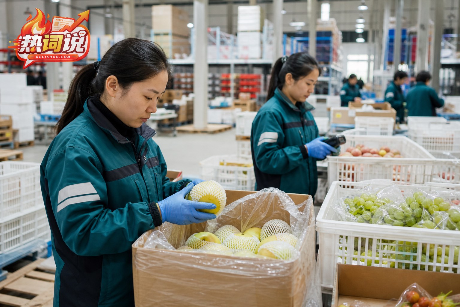 农产品仓储品控区工作人员检查水果并进行扫码分拣