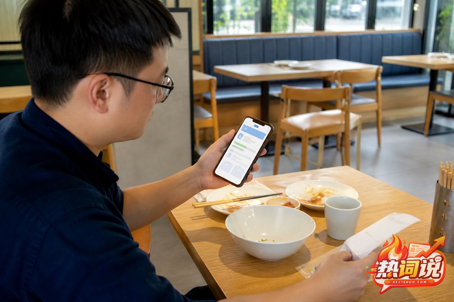 消费者在餐厅用手机查询食品安全信息并保存消费凭证