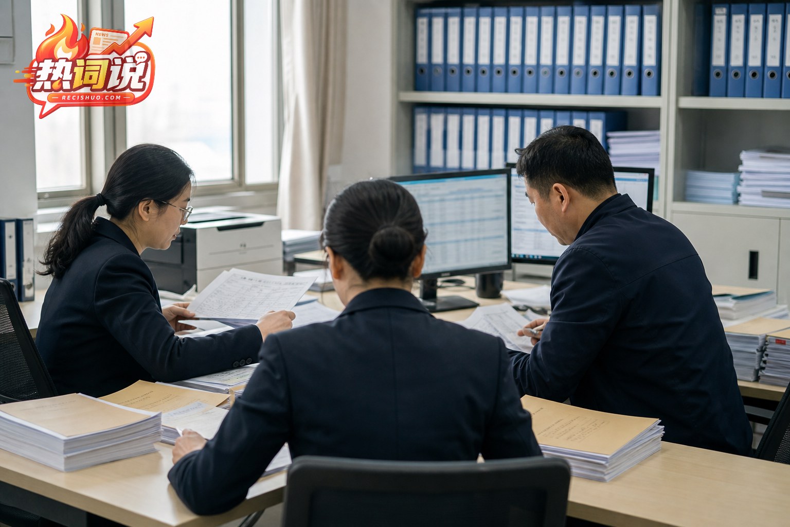 审计工作组在资料室比对部门支出凭证与电子账目