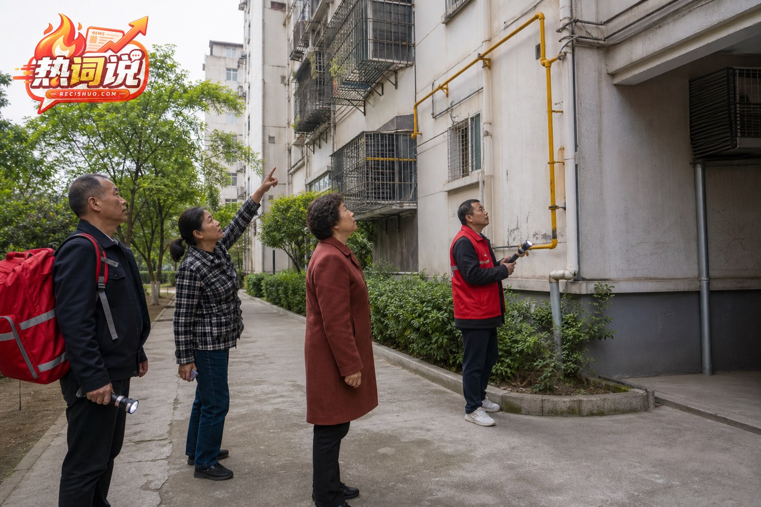 社区工作人员和居民在震后检查住宅外墙及燃气管线