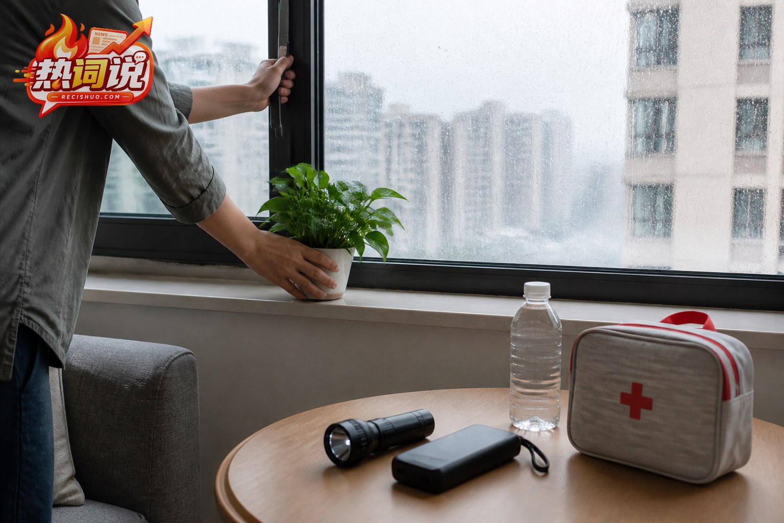 居民在强降雨来临前关闭窗户并准备照明和急救用品