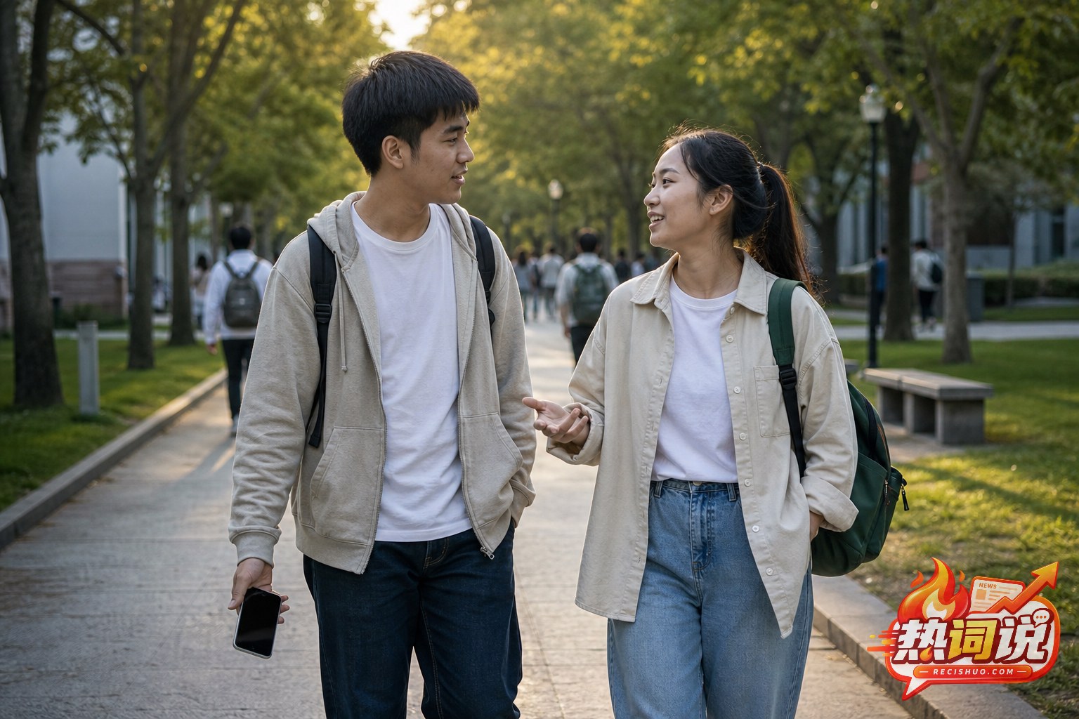 两名大学生在校园里放下手机边走边面对面交流