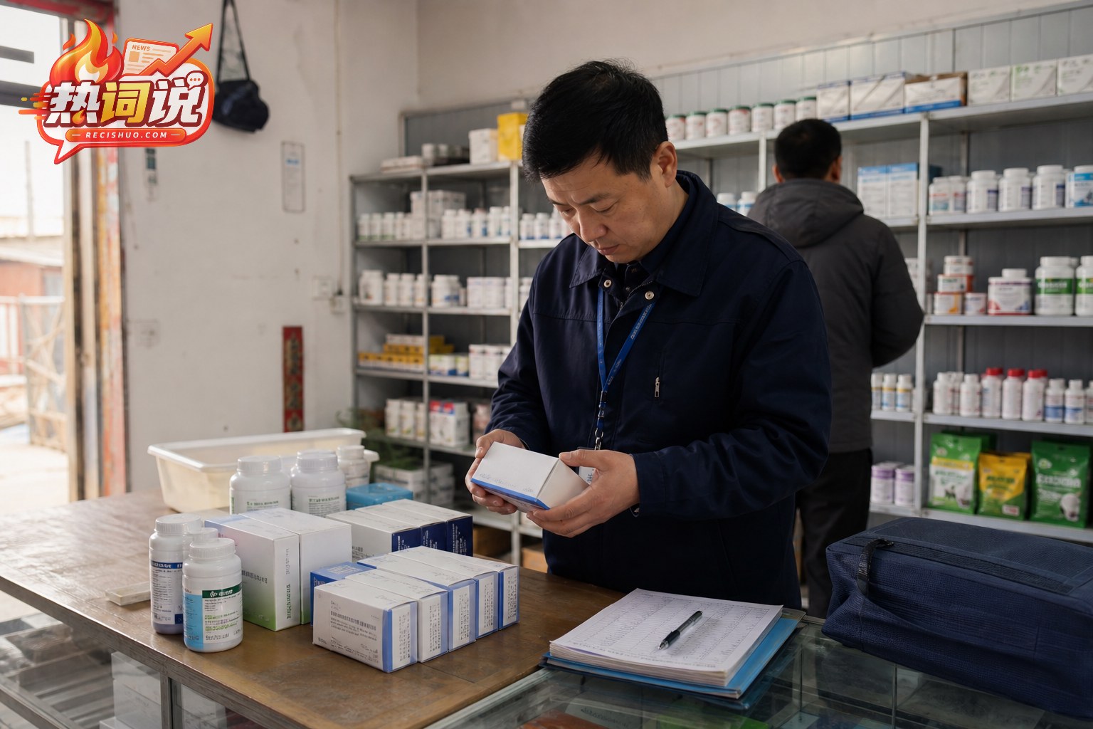 执法人员在兽药经营门店检查药品包装和销售记录