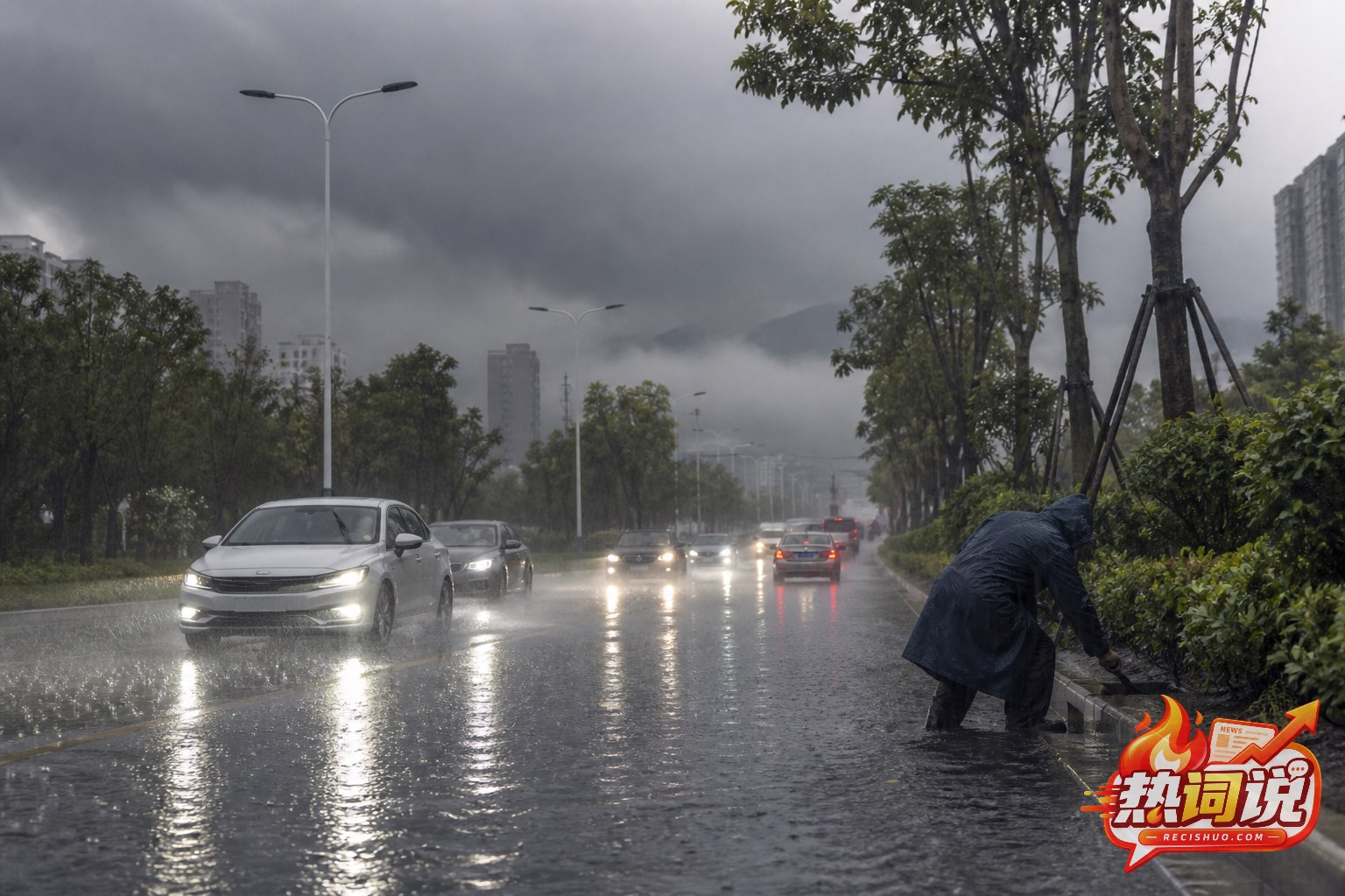 强降雨中的南方城市道路与正在查看排水情况的工作人员