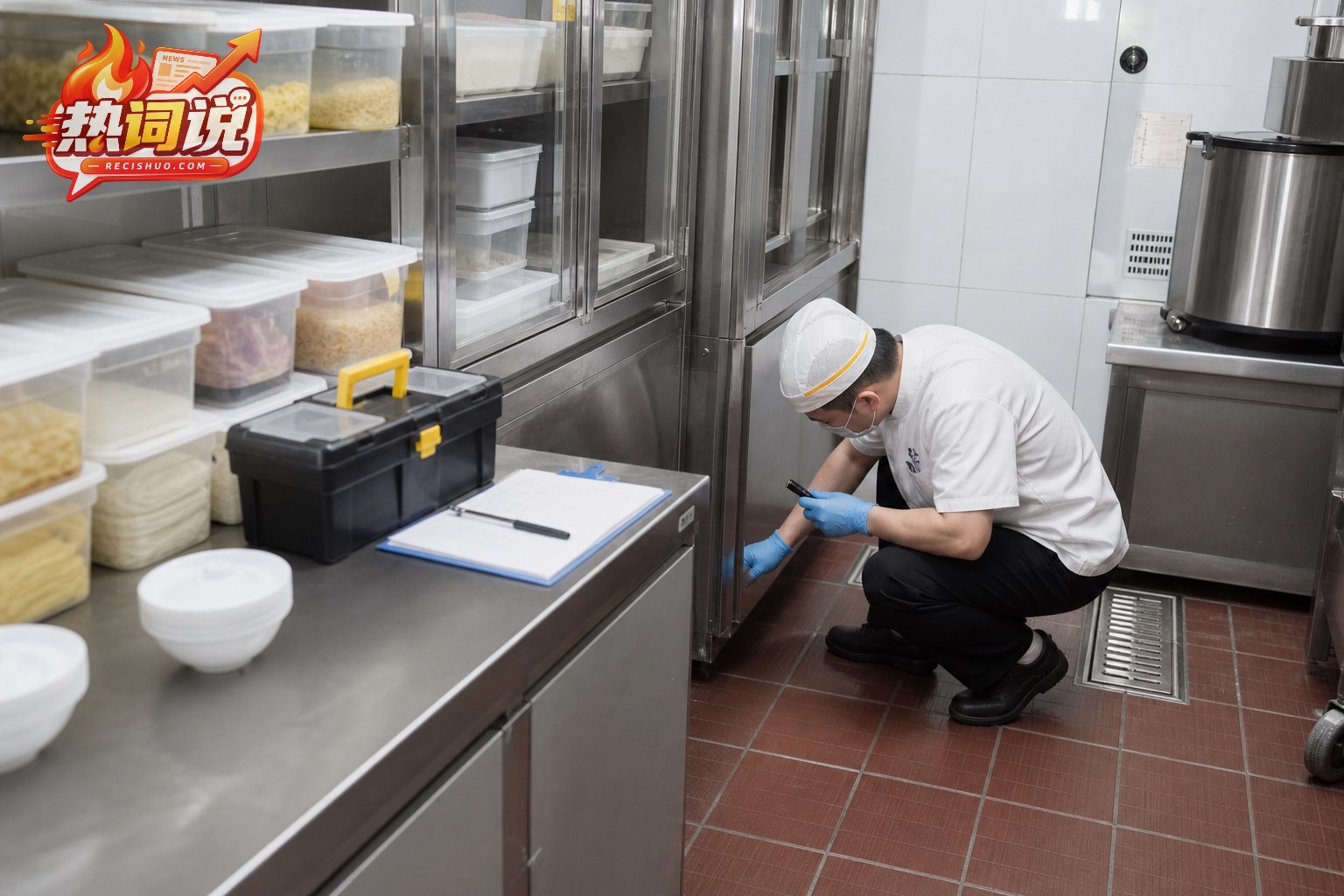 餐厅后厨工作人员在食品密封收纳后检查设备缝隙和墙角