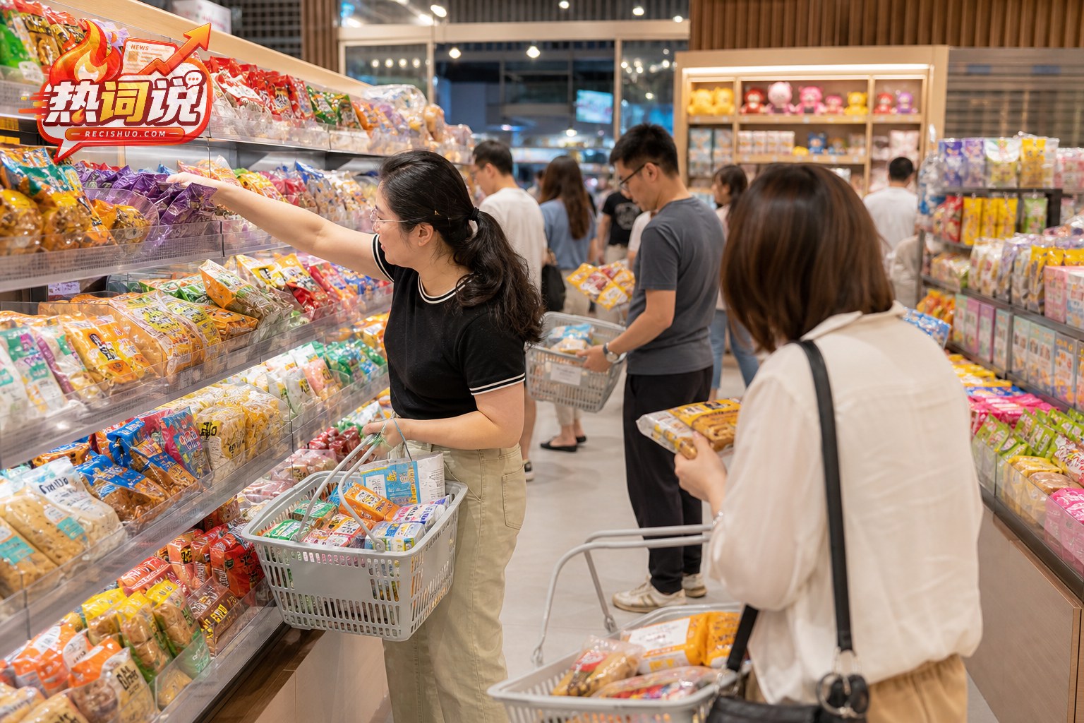 消费者在货品丰富的量贩零食店内挑选独立包装食品