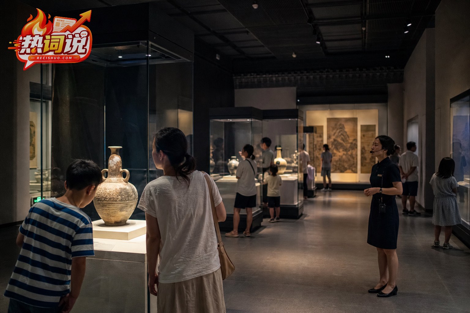夏季夜间开放的博物馆内家庭游客参观传统器物展览