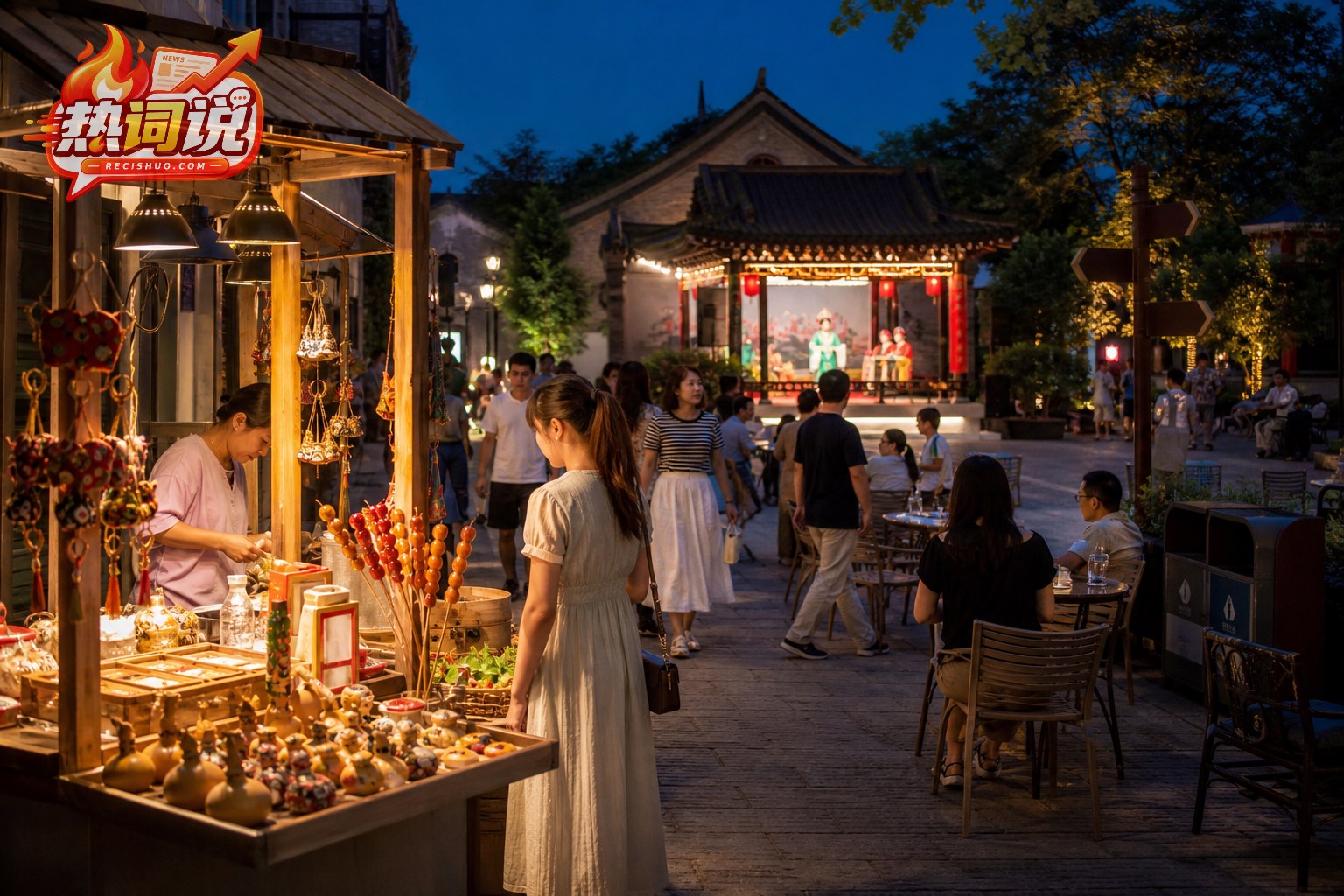 夏夜文化街区内游客观看戏曲演出并选购地方小吃和手工艺品