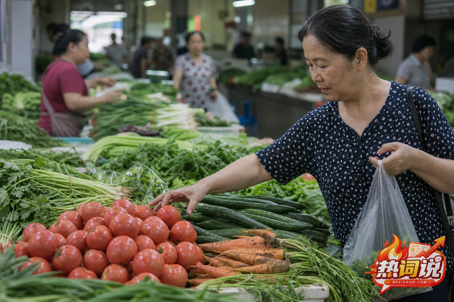 消费者在社区菜市场挑选番茄、黄瓜、胡萝卜和绿叶菜