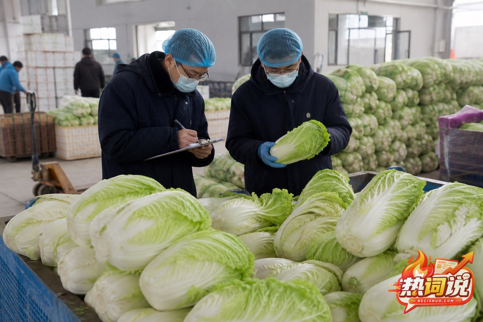 蔬菜批发市场内工作人员对大白菜进行检查记录