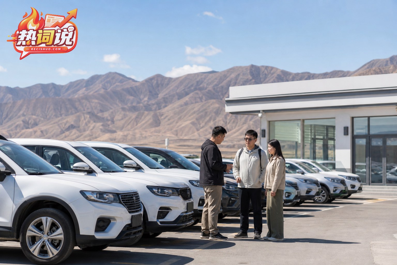 西部山区租车门店内游客正在比较多辆待租SUV