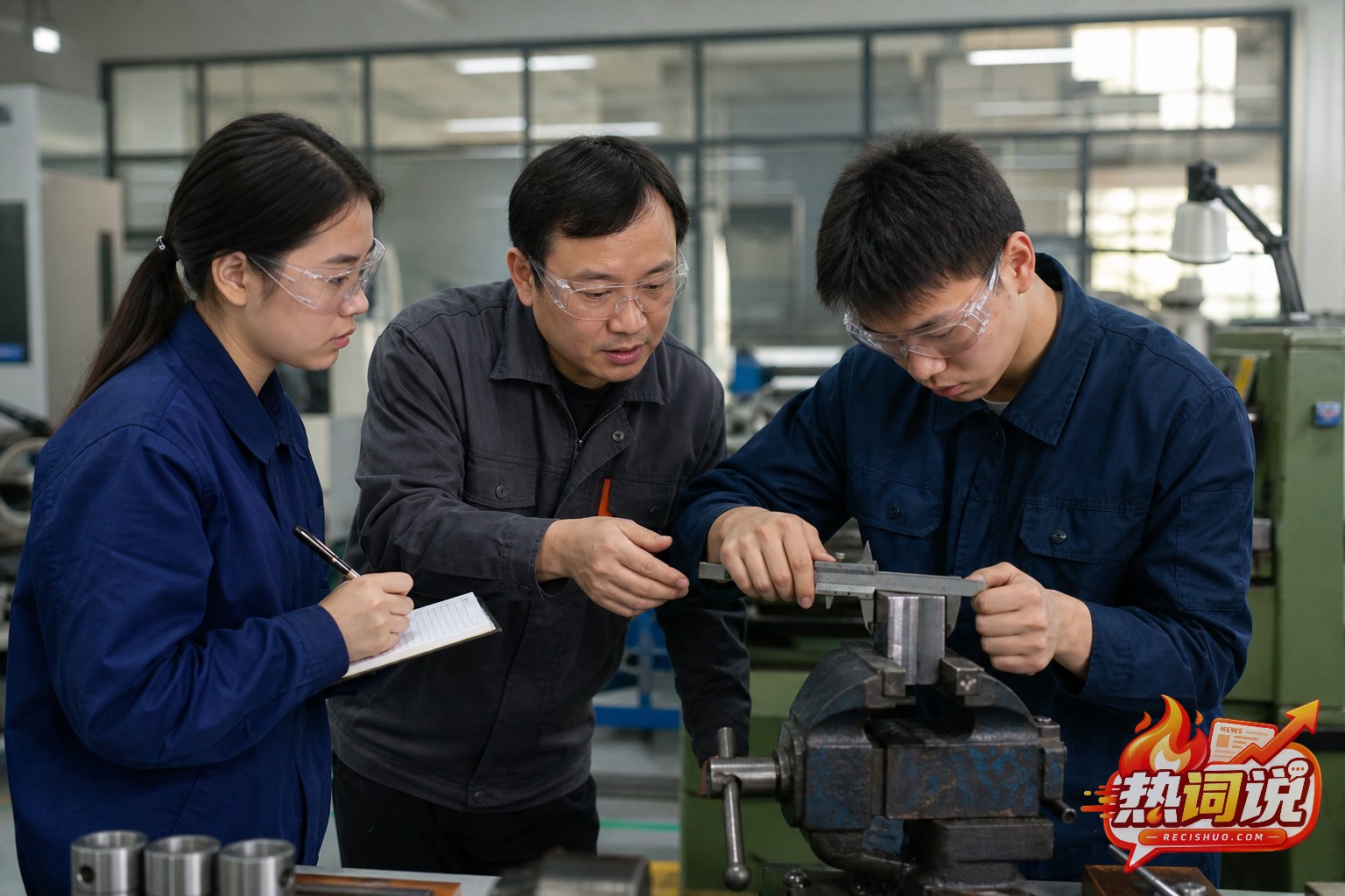 教师指导两名青年学员测量检查金属工件