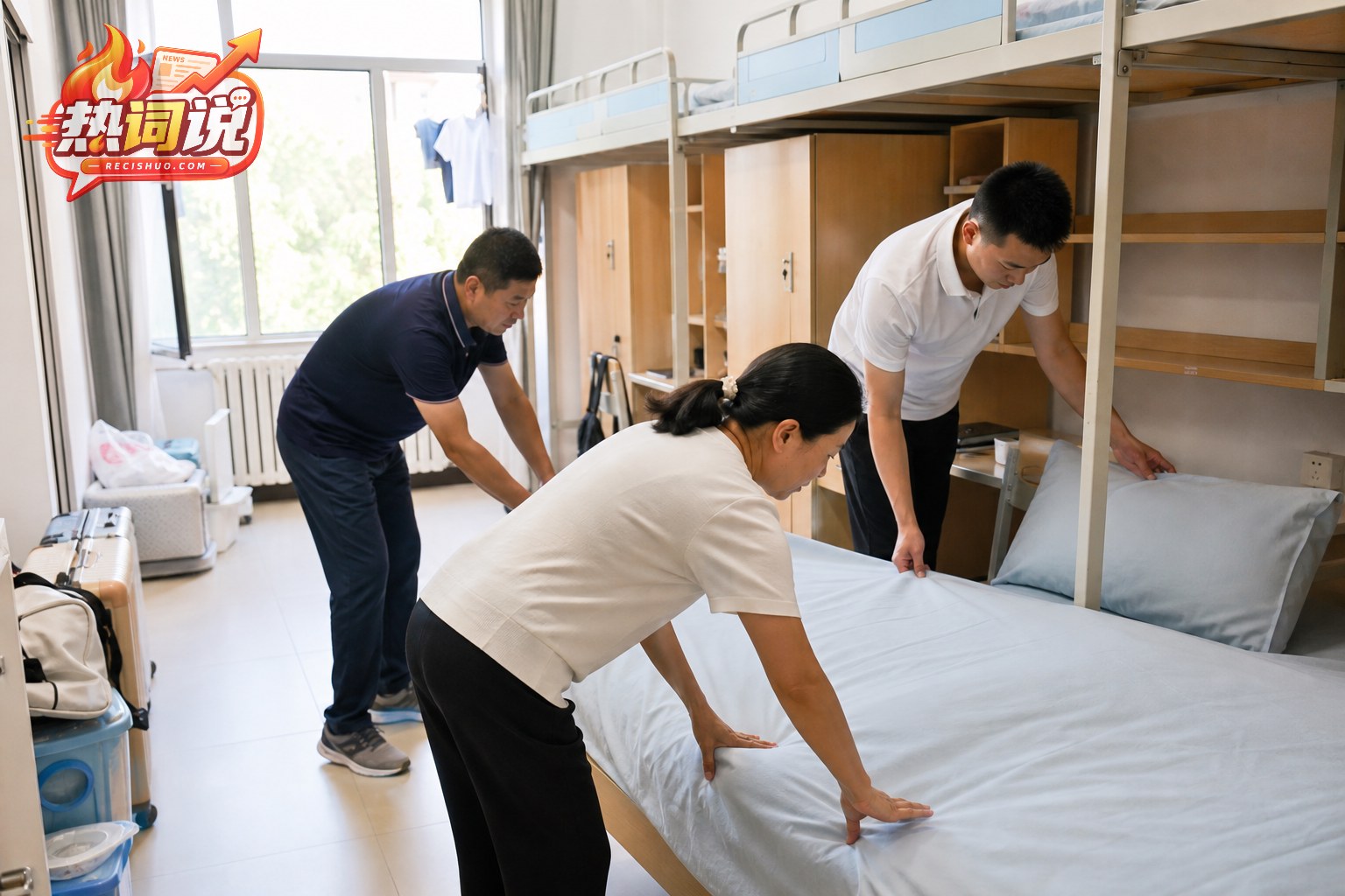 大学新生报到日,家长与孩子在宿舍共同铺设浅蓝色床单