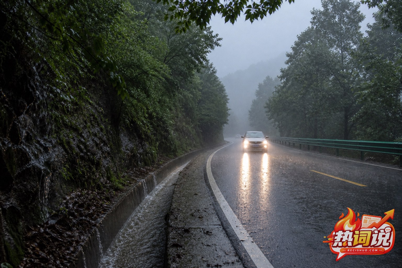 暴雨雨雾中一辆汽车谨慎行驶在山区公路上